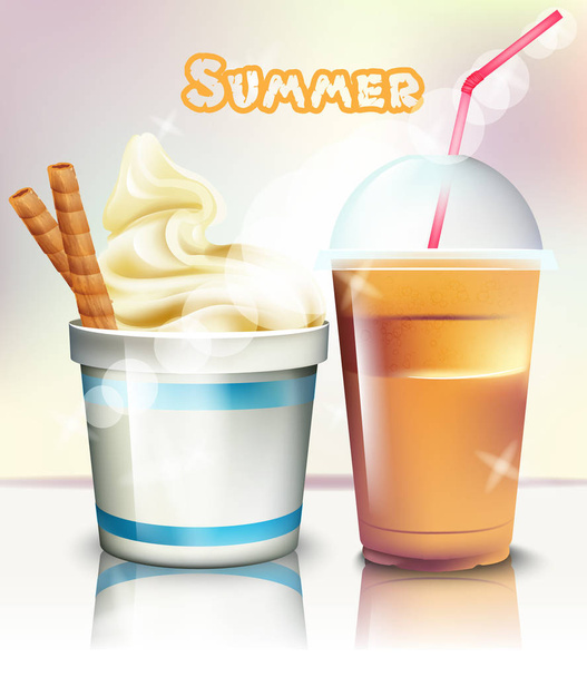 Ice cream and frappe Vector realistic. Summer delicious frozen yogurt and drink. 3d detailed illustrations - Vector, imagen