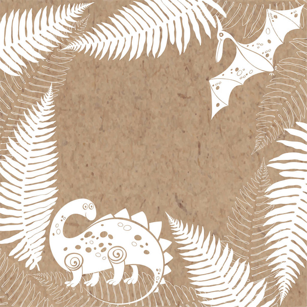 Card with cartoon dinosaur, pterodactyl and ferns - Vector, afbeelding