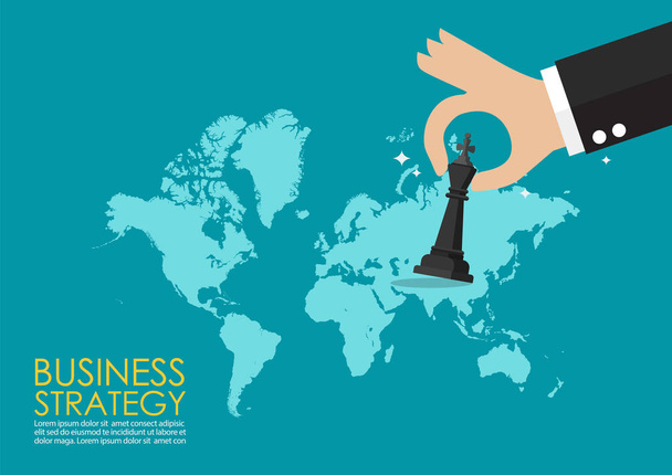 Hand holding chess figure with world map infographic. Business strategy concept - Vector, Image