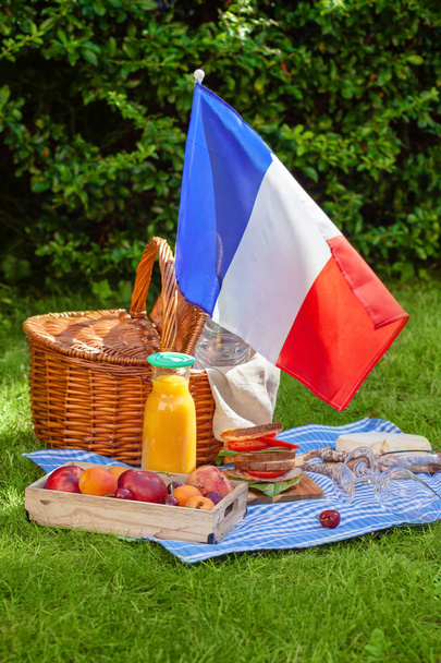 Slavnostní piknik pro státního svátku Francie 14 července s francouzskou vlajkou - Fotografie, Obrázek