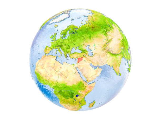 Сирия выделена красным цветом на модели Земли. 3D иллюстрация выделена на белом фоне. Элементы этого изображения предоставлены НАСА
. - Фото, изображение
