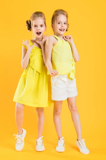 The girls of the twins stand together on a yellow background. - Photo, Image