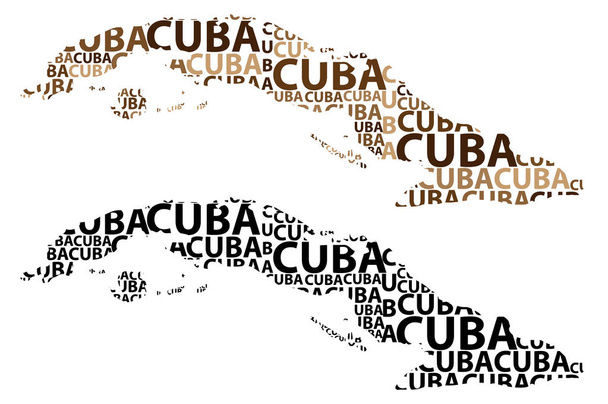 Sketch Cuba carta mapa de texto, Cuba - na forma do continente, Mapa República de Cuba - ilustração vetorial marrom e preto
 - Vetor, Imagem