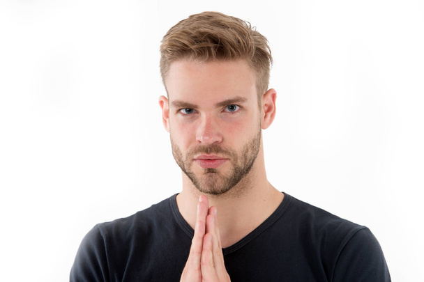 Bearded man pray isolated on white. Guy prayer hold hands clasped near unshaven face. Full concentration. Praying for something. Calm and handsome - Fotografie, Obrázek