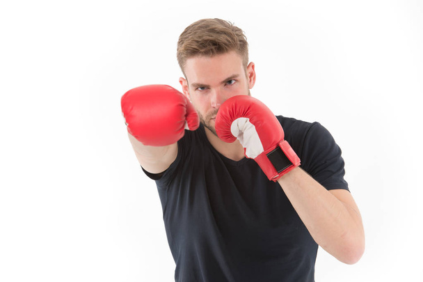 Man boxing isolated on white. Macho in red boxing gloves. Ready to fight. Confident sportsman. Energy and power, knockout. Fitness trainer at workout. Punching. Future aim and success. - Fotó, kép