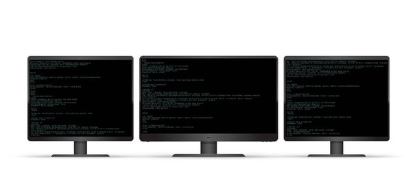Trzy monitory komputerowe czarny z kodem na białym tle. Trzy monitory super szeroki ekran komputera. Komputer stacjonarny programowania szablonu - Wektor, obraz