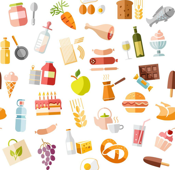 Food, seamless pattern, color, white, grocery, vector. Food and drinks, production and sale. Vector, seamless background. Colored flat icons on white field.  - Vektor, Bild