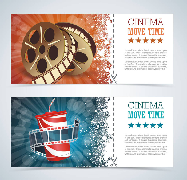 Cinema tickets with popcorn bowl and film strip , realistic detailed vector illustration. - Vector, afbeelding
