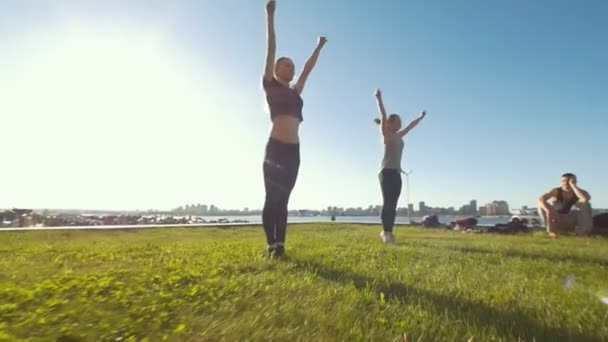 Dos mujeres delgadas jóvenes realizando saltos síncronos en la hierba bajo el sol
 - Metraje, vídeo