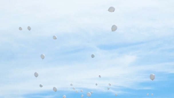 White balloons with red hearts fly to the sky - Footage, Video