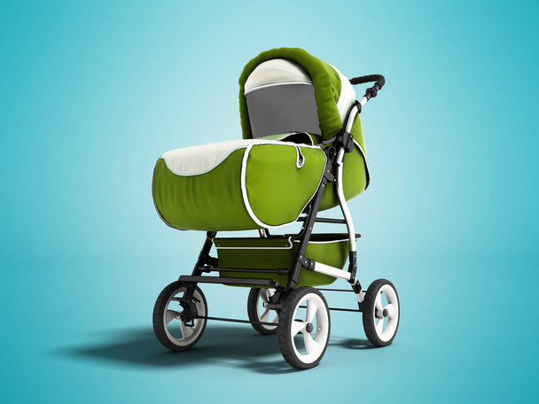 Carruaje de bebé verde moderno para todo el tiempo con sol blanco 3D representación sobre fondo azul con sombra
 - Foto, imagen