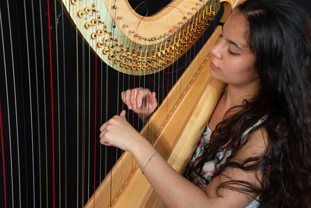 Close-up van een mooi meisje met lang bruin haar, het spelen van de harp. Detail van een vrouw spelen van de harp - Foto, afbeelding