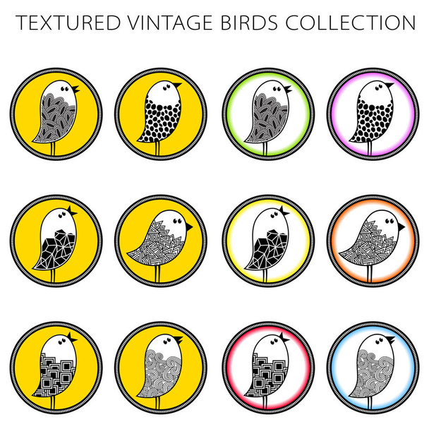 Collezione di simboli rotondi. Gli uccelli come oggetti di design principali contengono diversi tipi di texture
. - Vettoriali, immagini