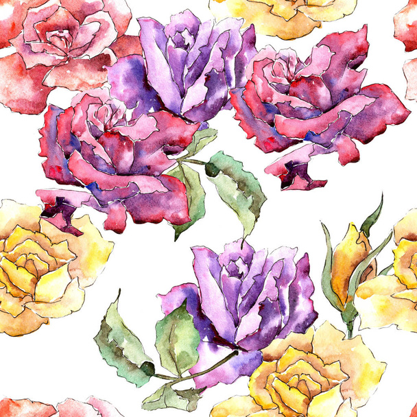 Colorful rose. Floral botanical flower.Seamless background pattern. Fabric wallpaper print texture. Aquarelle wildflower for background, texture, wrapper pattern, frame or border. - Foto, Bild