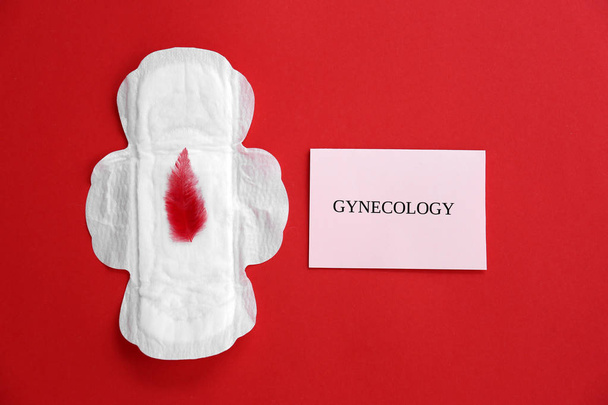 Flat lay composition with menstrual pad and red feather on color background. Gynecological care - Фото, изображение