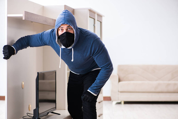 Человек-грабитель крадет телевизор из дома - Фото, изображение