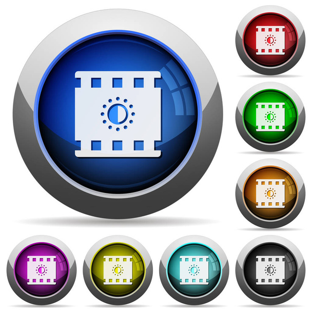 Movie saturation icons in round glossy buttons with steel frames - Vetor, Imagem
