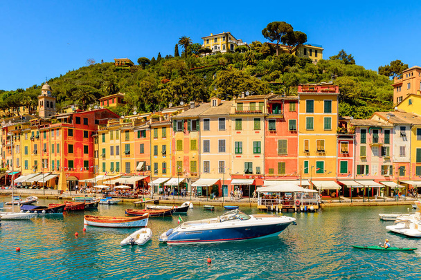 PORTOFINO, ITALY - MAY 4, 2016: Beautiful harbour of Portofino, an Italian fishing village, Genoa province, Italy. A vacation resort with celebrity and artistic visitors. - Фото, зображення