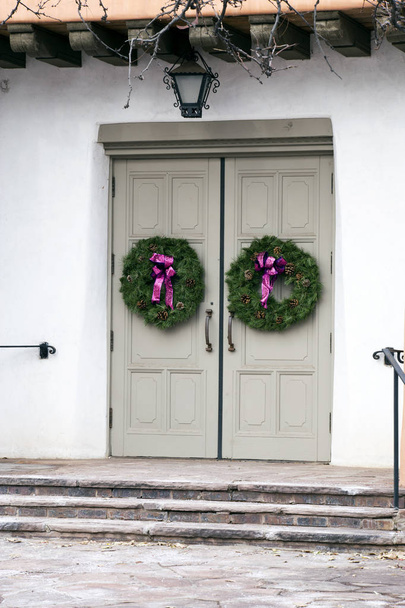 Church Entrance Adorned with Holiday Wreaths, Santa Fe, New Mexico - Photo, Image