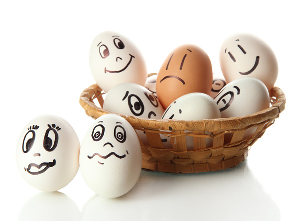 Eggs with funny faces isolated on white - 写真・画像