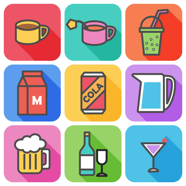 Colorido de ícone de bebida com ícone plano e conceito de sombra longa no fundo branco
 - Vetor, Imagem