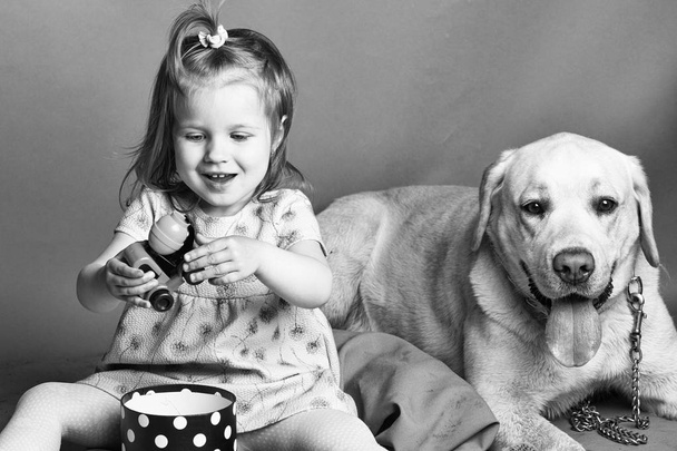 child is playing with the dog. little girl with labrador dog - Fotografie, Obrázek