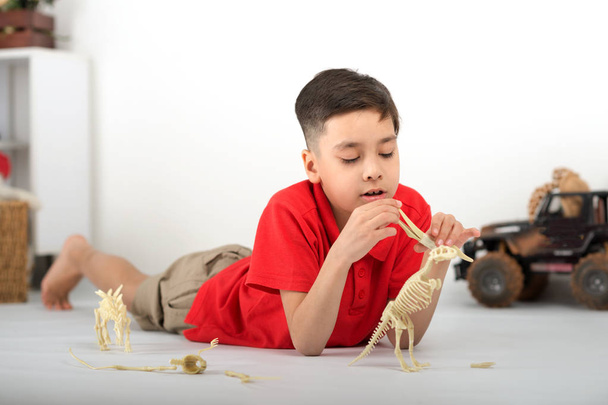 de schooljongen de brunette in een rood shirt ligt op een verdieping en speelt met toy skeletten van dinosauriërs. Hij met belangstelling verzamelt een skelet van details. - Foto, afbeelding