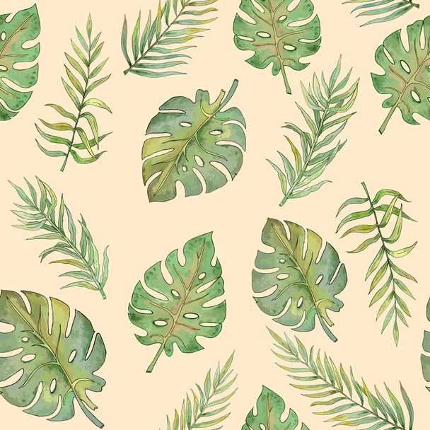 naadloze patroon met bladeren van de palmbomen en andere tropische planten  - Vector, afbeelding