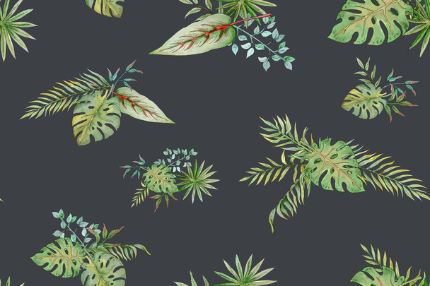 seamless pattern with tropical leaves on a dark background - Vektör, Görsel