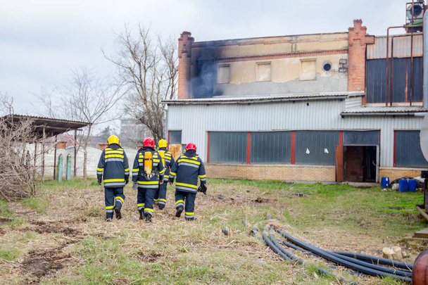 Blick von hinten auf ein Team von Feuerwehrleuten in Uniform mit voller Sicherheitsausrüstung. Feuerwehr sucht Industriegebäude. - Foto, Bild