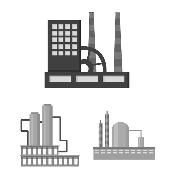 Fabriek en faciliteiten zwart-wit pictogrammen in set collectie voor design. Fabriek en apparatuur symbool voorraad web vectorillustratie. - Vector, afbeelding