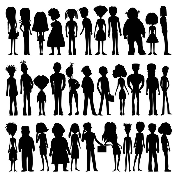 Reihe von Silhouetten von Cartoon-Menschen auf weißem Hintergrund. - Vektor, Bild