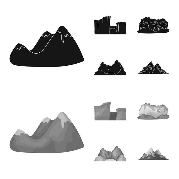Green mountains with snow tops, a canyon, rocks with forests, a lagoon and rocks. Different mountains set collection icons in black,monochrome style vector symbol stock illustration web. - Wektor, obraz