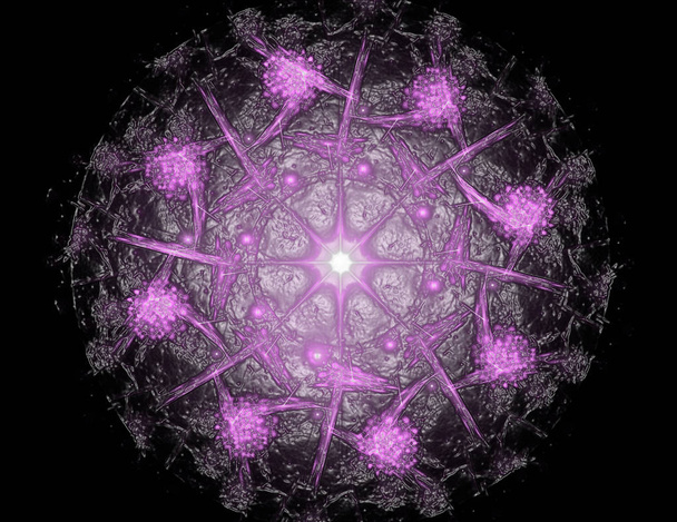 Deeltjes van abstracte fractale vormen op het onderwerp van de nucleaire fysica wetenschap en grafisch ontwerp. Meetkunde Heilige futuristische quantum digitale hologram textuur in ontwikkeling Golf surrealistisch ontwerp. - Foto, afbeelding