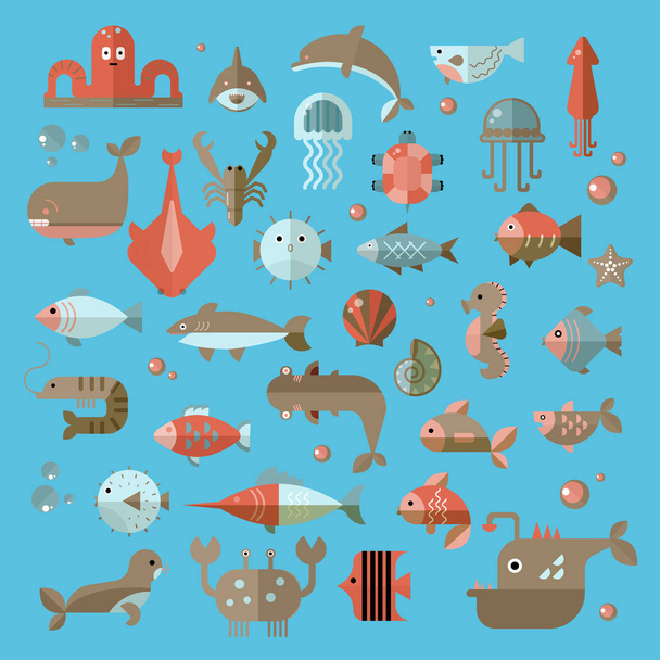 Vektör düz sealife öğeleri, bitki ve deniz hayvanları - pay, denizanası, ahtapot ve diğerleri kümesi. Modern deniz Sualtı canlıları topluluğu - Vektör, Görsel