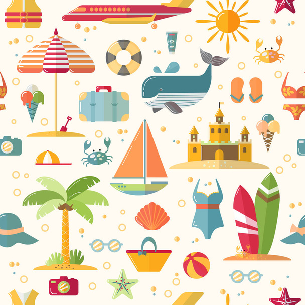 Summer flat seamless pattern with holyday and summer seasonal elements - palm, case, airplan, sun, sand and other. Flat modern endless background on summer theme - ベクター画像