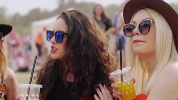Vrienden drinken sap tijdens op het muziekfestival - Video