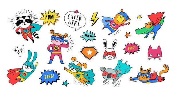 Superhero cute hand drawn animals, vector characters - Vector, Image