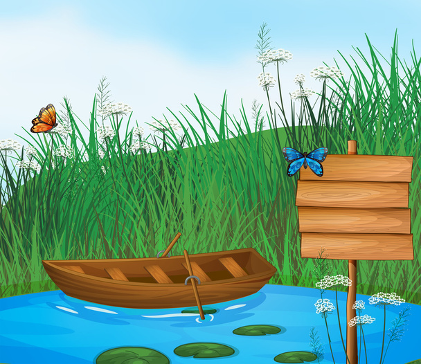 drewniana łódź w rzece - Wektor, obraz