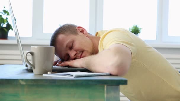 freelance programmeur valt van vermoeidheid achter zijn bureau met een laptop in slaap - Video