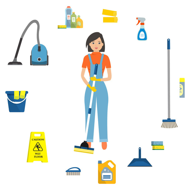 Mujer de limpieza rodeada de objetos para limpiar. Hay una aspiradora, una fregona, un cepillo, una cucharada, un letrero "Precaución, piso mojado", esponjas, detergentes, guantes y otras cosas en la imagen. Vector
 - Vector, imagen