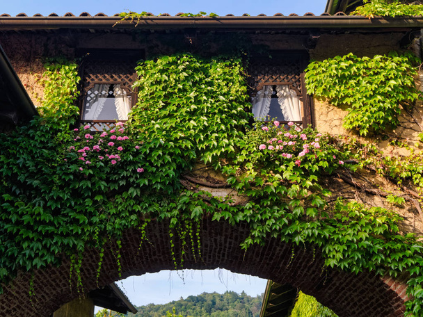 altes Haus mit Efeu bewachsener Pflanze mit gemauertem Bogen und Holzfenstern, Italien - Foto, Bild