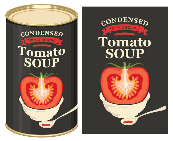 Ilustracja wektorowa etykiety dla skondensowane pomidorowa z wizerunkiem cięcia pomidorów na czarnym tle i puszka z tą etykietą - Wektor, obraz