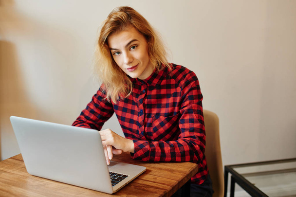 young blonde woman sitting at table with laptop in cafe  - Photo, image