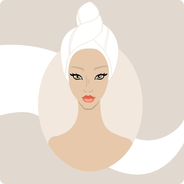 Beautiful woman keep hair wrapped in a towel. SPA banner design template,hand drawn vector illustration. - ベクター画像