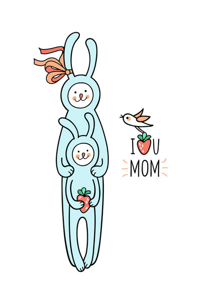 I love you mom sign hand drawn card. Lovely bunny rabbits, mom and baby are enjoying summer time together. Cute hand drawn animal character and graphic elements for kids design. - Vektor, Bild