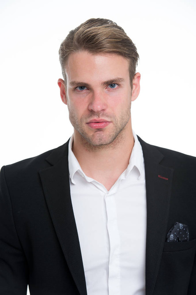 Man well groomed in formal outfit, isolated white background. Male fashion concept. Business dress code means for men suit. Business dress code. Businessman gentleman dressed professional attire - Fotografie, Obrázek