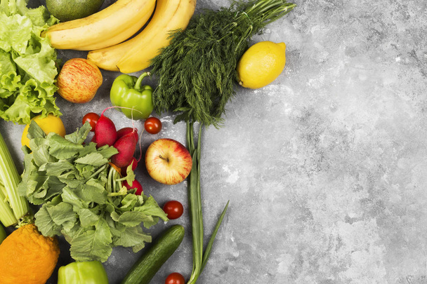 Various healthy food on gray background. Top view, copy space. Food background - Foto, immagini