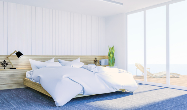 Blanco moderno dormitorio contemporáneo interior con espacio de copia en la pared para maqueta, 3D Rendering
 - Foto, Imagen