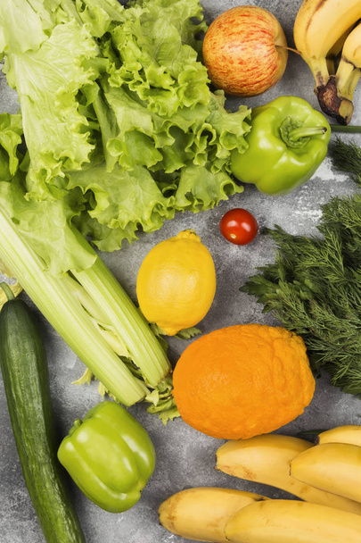 Various healthy food on gray background. Top view. Food background - Fotó, kép